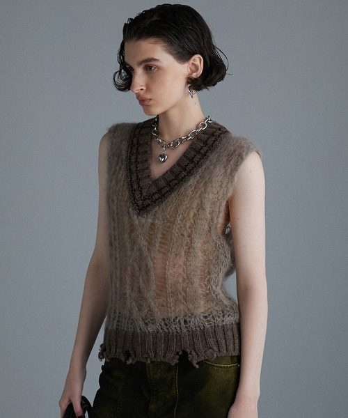 PRANK PROJECT◇Sheer Tilden Knit Vest/FREE/モヘア/GRY/無地