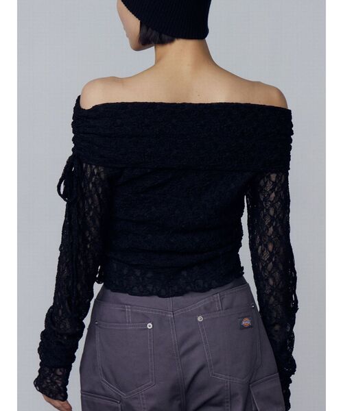 レース オフショルダー シャツ ブラック EMODA（エモダ） tシャツ レースオフショルダートップ レディース