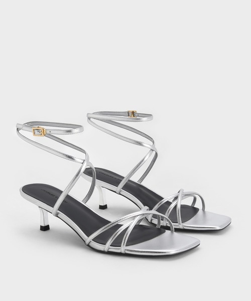 VIVAIA スクエアトゥ キトゥンヒール ストラッピー サンダル シルバー CHARLES ＆ KEITH（チャールズ&キース） サンダル ストラッピー