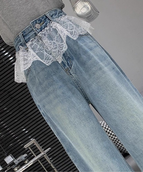 ジーンズ デニム デニムパンツ レースフリル付きデニムパンツ
