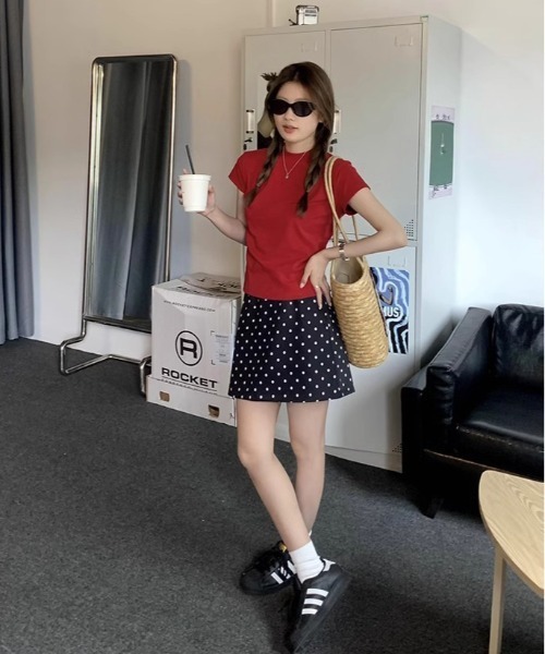 【国内発送】VALENTINO ドット柄 ミニスカート レッドヴァレンティノ IR3RA0351G9 ドット柄フレアスカート