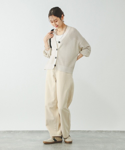 【美品】1er Arrondissement リネンメッシュカーディガン　カーキ GLOBAL WORK カーディガン 洗えるドライメッシュカーディガン