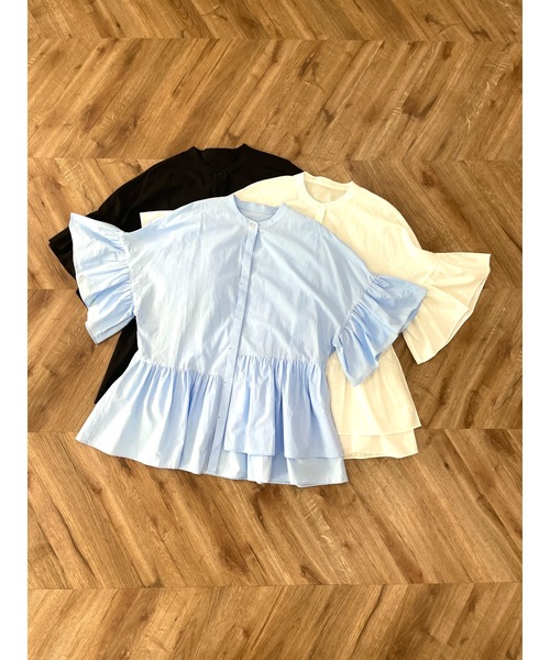 ブラウス シャツ バンドカラーアシンメトリーフリルブラウス　/　シャツ　アシンメトリー　ノーカラー　ウォッシャブル　コットン　五分丈　七分丈　半端丈　 NAUL ブラウス シャツ バンドカラーアシンメトリーフリル