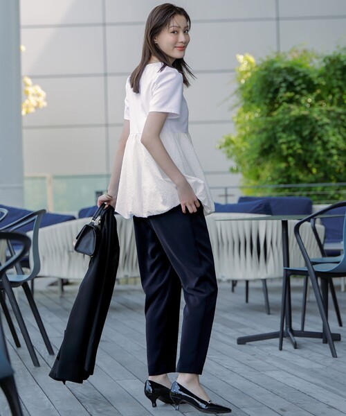 tシャツ 洗える ストレッチ ｜ コンビネーション タックスリーブ ペプラム Tシャツ ｜ レディース オフィスカジュアル 通勤 半袖 おしゃれ きれ RUIRUE BOUTIQUE tシャツ 洗える ストレッチ