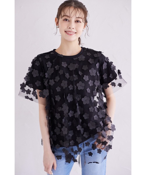 tシャツ シアーフラワーモチーフカットプルオーバー レディース