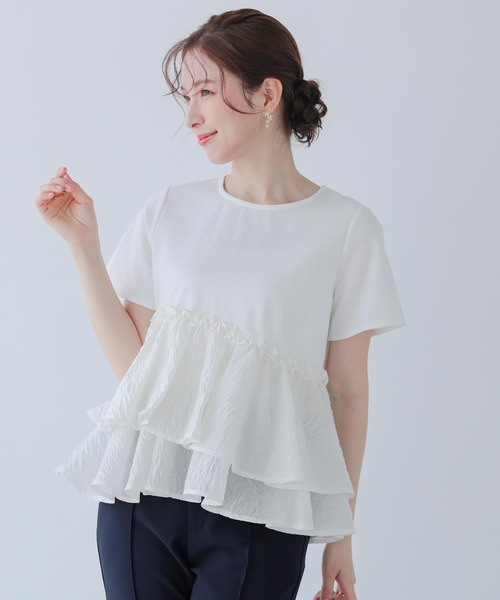 Fit more（フィットモア） tシャツ ジャガードフリルアシンメトリー