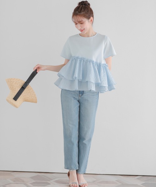 tシャツ ジャガードフリルアシンメトリーペプラムトップス レディース Fit more tシャツ ジャガードフリルアシンメトリーペプラム