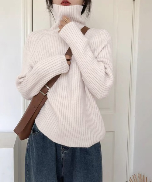 ニット セーター 厚手リブ編みハイネックニット レディース : ZOZOTOWN