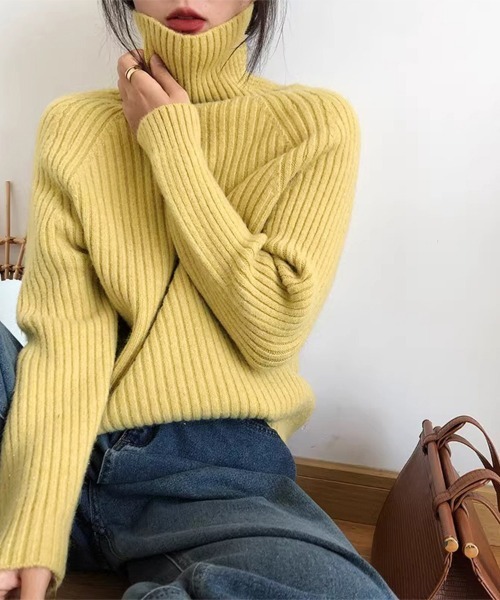 ニット セーター 厚手リブ編みハイネックニット レディース : ZOZOTOWN