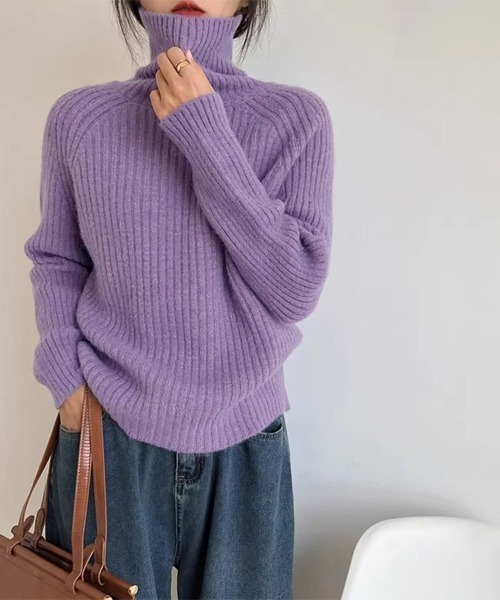 ニット セーター 厚手リブ編みハイネックニット レディース : ZOZOTOWN
