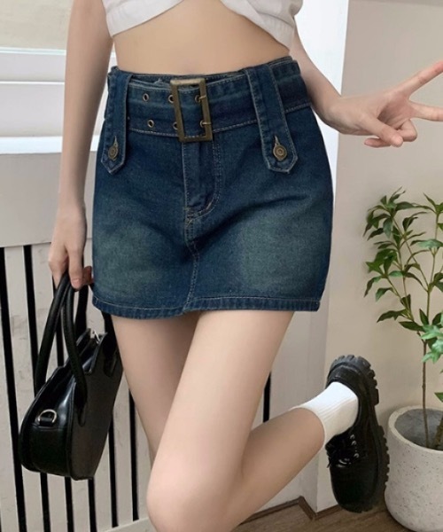 デニムスカート 「ベルト付き」デニム台形ミニスカート Aライン 美脚