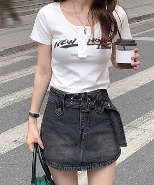 デニムスカート 「ベルト付き」デニム台形ミニスカート Aライン 美脚