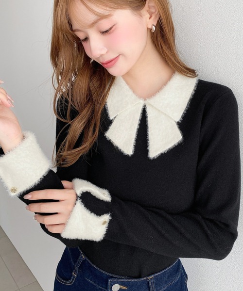 moment+ ニット セーター リボンモチーフ衿フェザー配色ニットプル