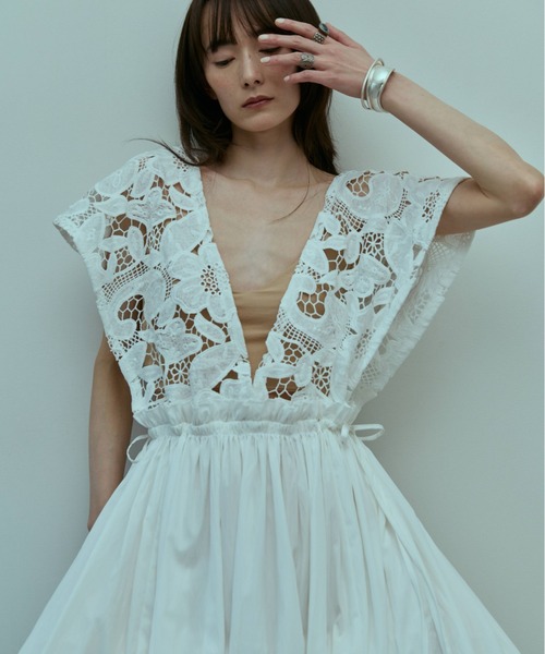 ワンピース 半袖 Lace Gather Dress