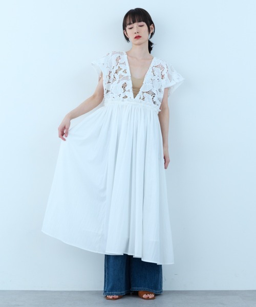 ワンピース 半袖 Lace Gather Dress