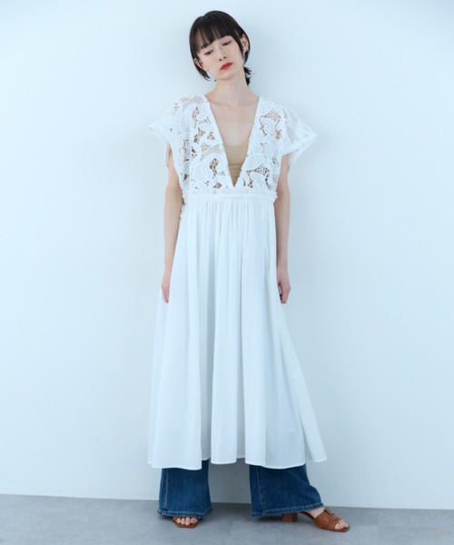ワンピース 半袖 Lace Gather Dress
