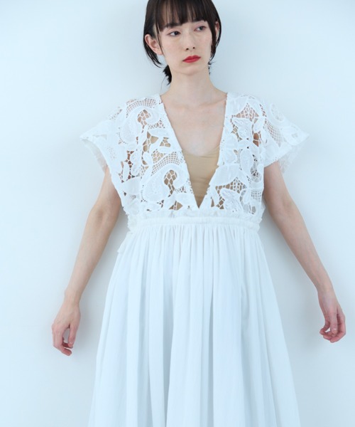 ワンピース 半袖 Lace Gather Dress