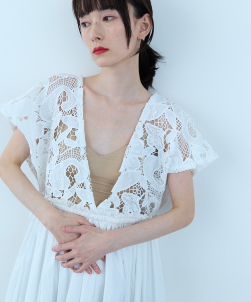 ワンピース 半袖 Lace Gather Dress