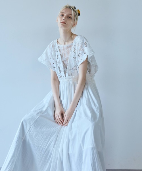 ワンピース 半袖 Lace Gather Dress