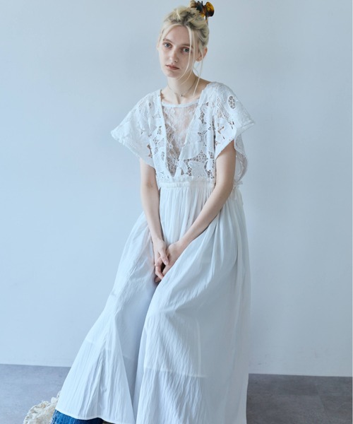ワンピース 半袖 Lace Gather Dress