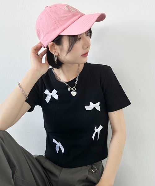 CLEA tシャツ リボンモチーフ クロップド丈コンパクト半袖Tシャツ 