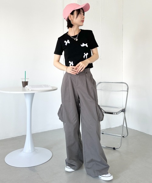 CLEA tシャツ リボンモチーフ クロップド丈コンパクト半袖Tシャツ 