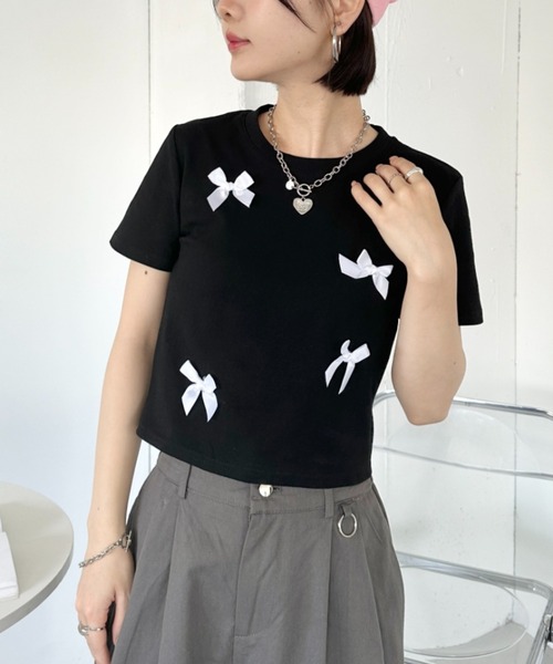 CLEA tシャツ リボンモチーフ クロップド丈コンパクト半袖Tシャツ 