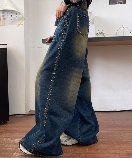 スタッズ付きバンドデニムパンツEUR40 ZARA スタッズ付きバンドデニムパンツ サイドライン ワイド