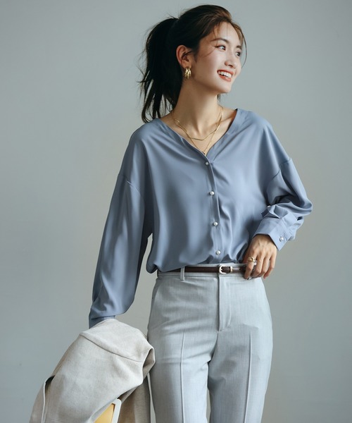 DRESS+（ドレスプラス） ブラウス シャツ バックVネックシフォン