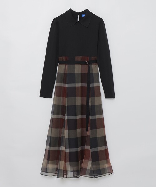 美品✨クレストブリッジチェックチュールプリントニットコンビワンピース　38 美品✨クレストブリッジチェックチュールプリントニットコンビ