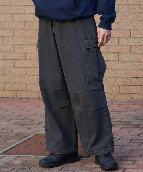 ALMW by WAFFLE ダークデニム カーゴパンツ Lサイズ ルーズシルエットハイウエストサスペンダーZIPポケットデニム
