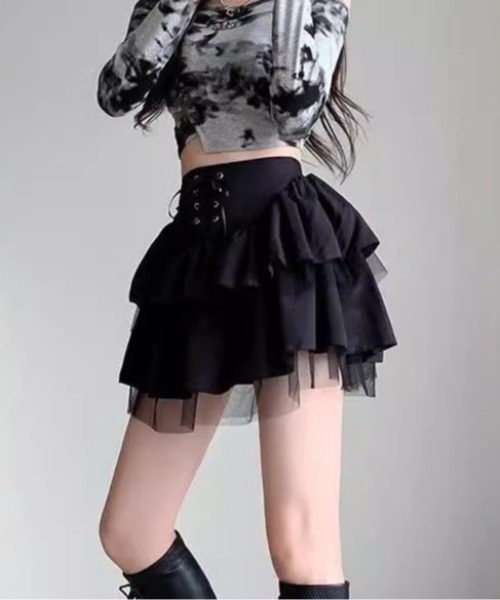 【ヨージ】MIYAO フリル ティアード ラップスカート　黒 ブラックフリルティアードゴシックパンクスカート（lli_1400