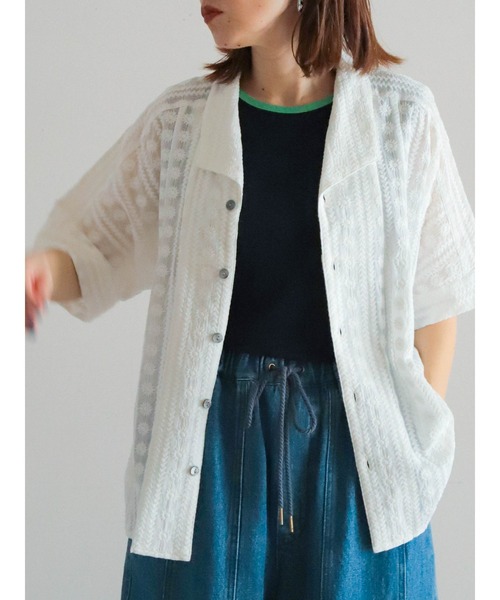 ブラウス シャツ ストライプフラワージャカードブラウス レディース osharewalker ブラウス シャツ レディース トップス 長袖 花柄