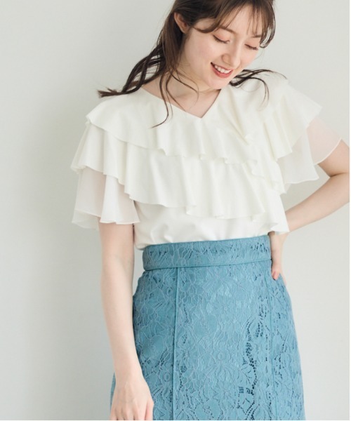tシャツ Vネッククロスフリルカットソープルオーバー レディース