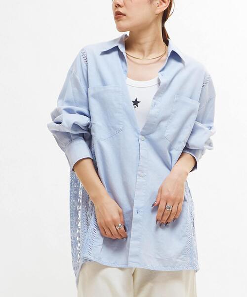 ブラウス シャツ 「STARLACE」ACID WASHING LACE DOCKING OVER SHIRT レディース メンズ