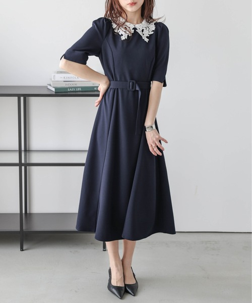 美品*ルネ ロング ワンピース カメリアボタン 襟 Aライン フレア ゆったり 美品*ルネ ロング ワンピース カメリアボタン 襟 Aライン フレア