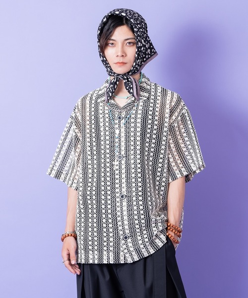 シャツ a.p.o.v. レトロストライプ柄クロシェニット風オーバーサイズ