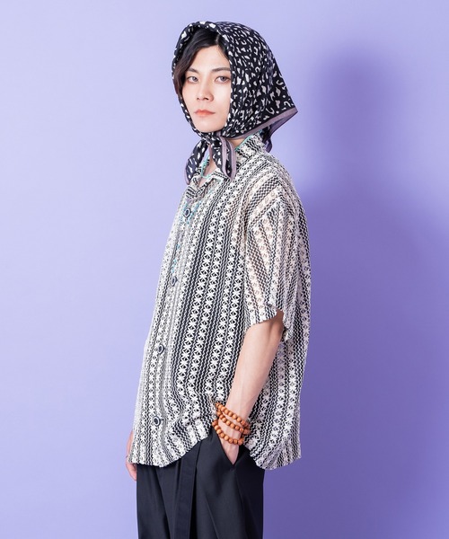 シャツ a.p.o.v. レトロストライプ柄クロシェニット風オーバーサイズ