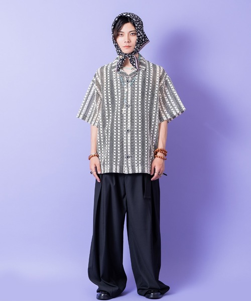 シャツ a.p.o.v. レトロストライプ柄クロシェニット風オーバーサイズ