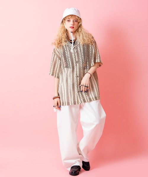 シャツ 半袖 a.p.o.v. レトロストライプ柄クロシェニット風オーバー