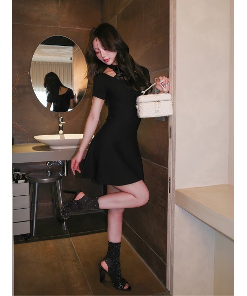 ダーリッチ ブラックミニワンピース ノースリーブ ダーリッチ フロッキードットノースリミニワンピース フロッキードット