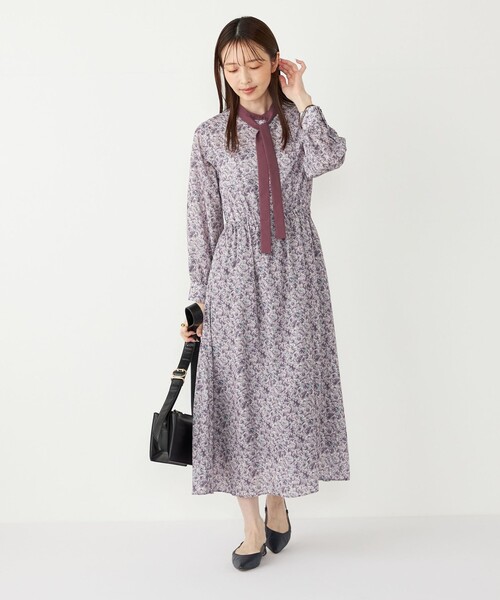 新品タグ付☆SHIPS 長袖小花柄ワンピース ウエストゴム M 春　くすみカラー SHIPS Colors（シップスカラーズ） ワンピース SHIPS Colors:「手洗い