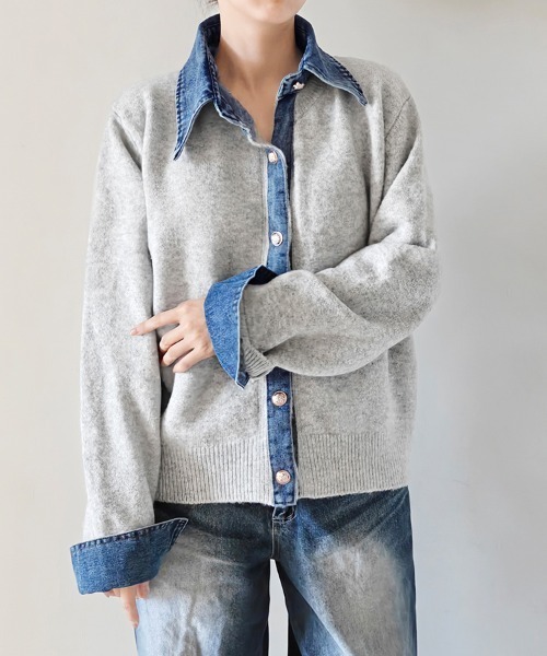 sacai 個性的トップス　ニット✖️デニム　異素材ミックス ニット セーター デニム襟異素材ミックスニットトップス レディース