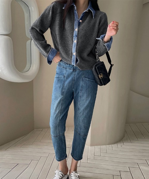 sacai 個性的トップス　ニット✖️デニム　異素材ミックス ニット セーター デニム襟異素材ミックスニットトップス レディース