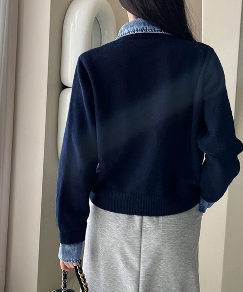 sacai 個性的トップス　ニット✖️デニム　異素材ミックス ニット セーター デニム襟異素材ミックスニットトップス レディース