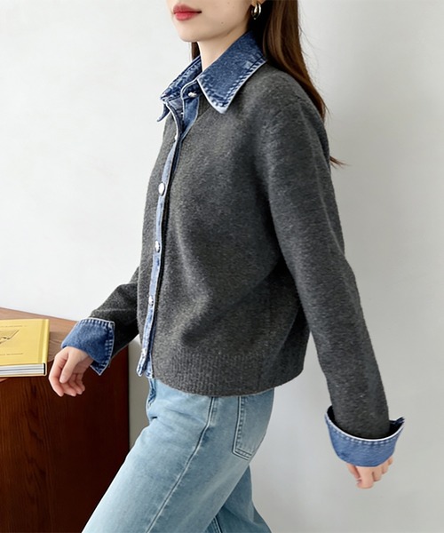 sacai 個性的トップス　ニット✖️デニム　異素材ミックス ニット セーター デニム襟異素材ミックスニットトップス レディース