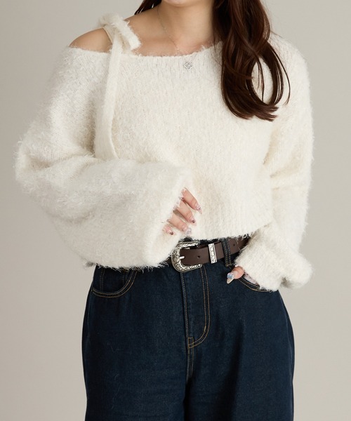 ※talu♡【タグ付き新品】roughlow ブークレショートニット 白 Petit Fleur ブークレワイドニット/Green Parks（グリーン パークス