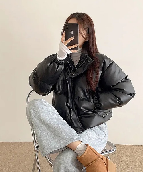 レザージャケット ライダース スタンドカラーPU中綿ジャケット