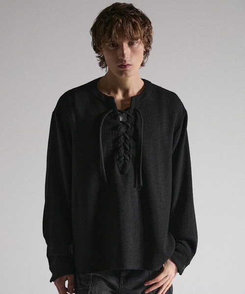 GRANCY ブラック カットソー M GRANCY tシャツ 「GRANCY」Lace-Up Light Mesh Pullover / レース