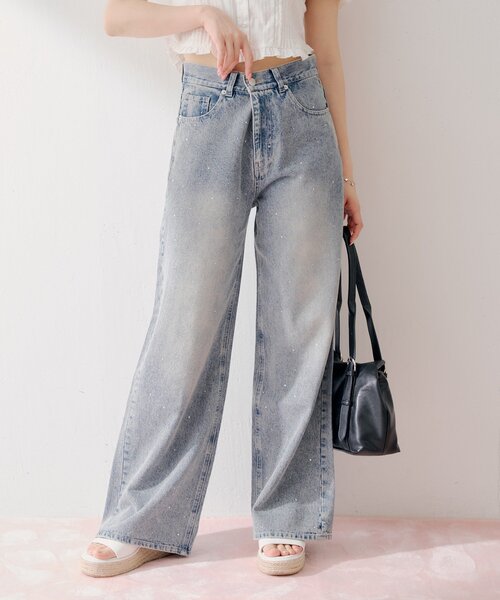 ワイドパンツ ジーンズ デニム デニムパンツ ラインストーンロゴワイドデニムパンツ レディースの画像